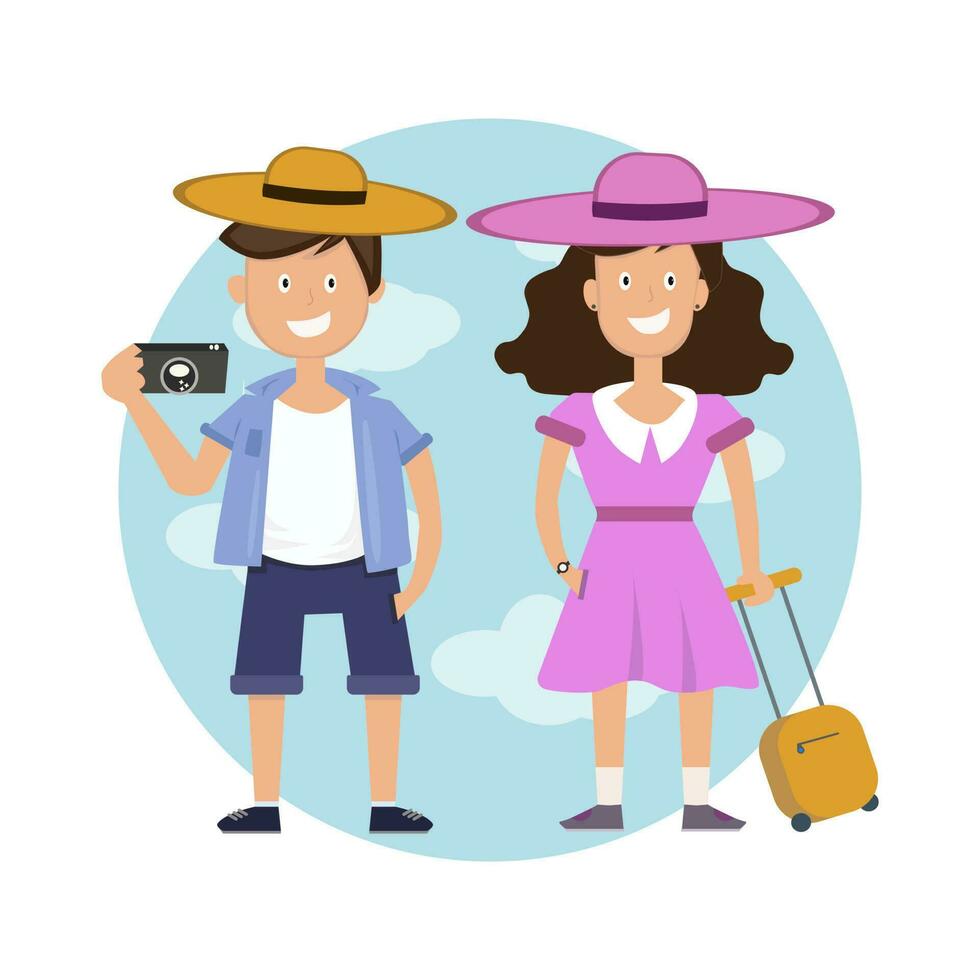 Travelling couple. Boy with camera and girl with suitcase. vector