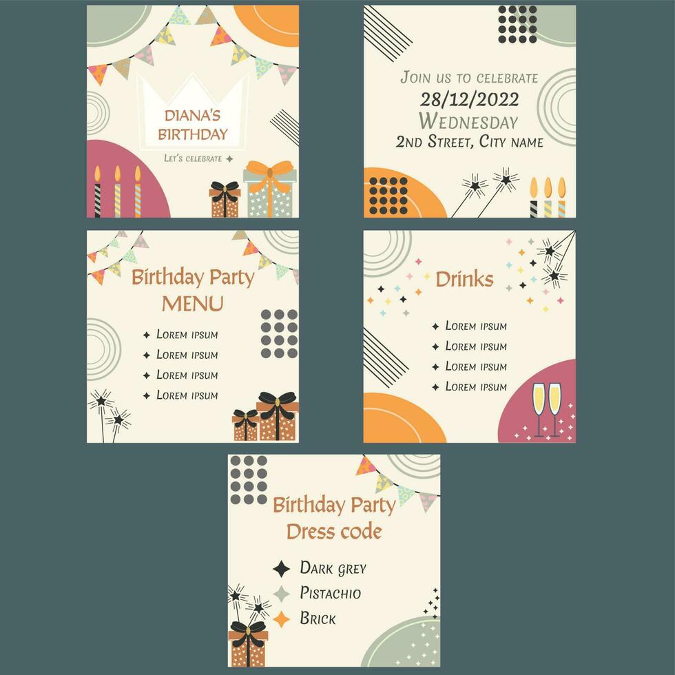 conjunto de tarjetas de felicitación de cumpleaños. vector