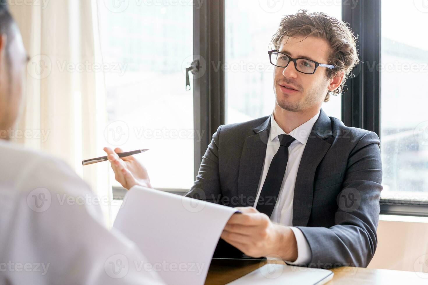 Asian young manager, employer man interview with person, have 