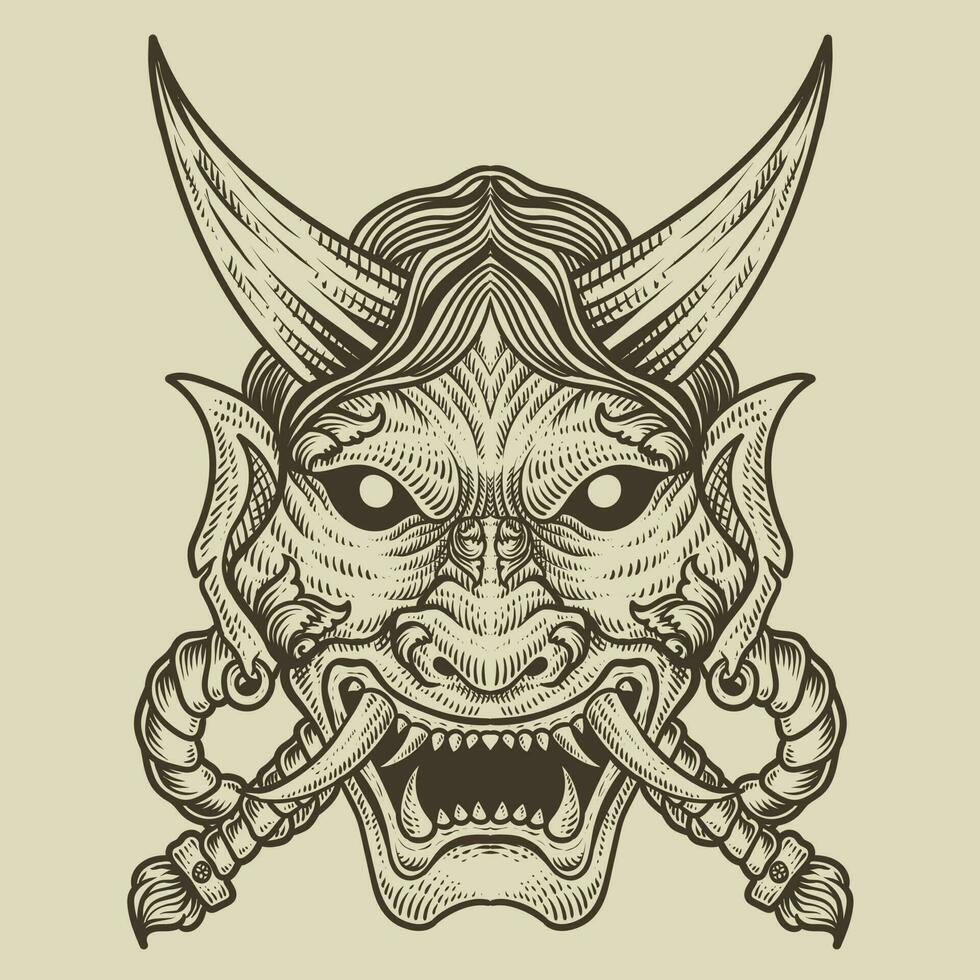 illustration demon mask engraving style on black background vector