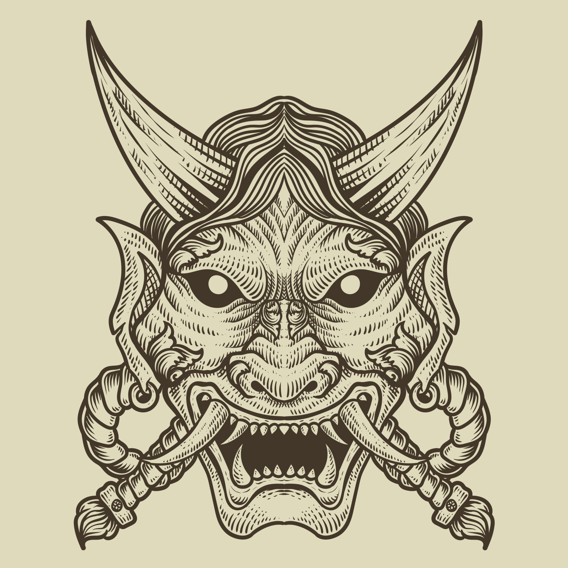 illustration demon mask engraving style on black background 23973374 ...