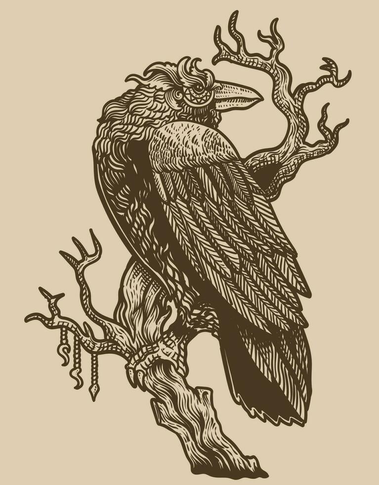 illustration scary crow bird with antique engraving style on black background vector