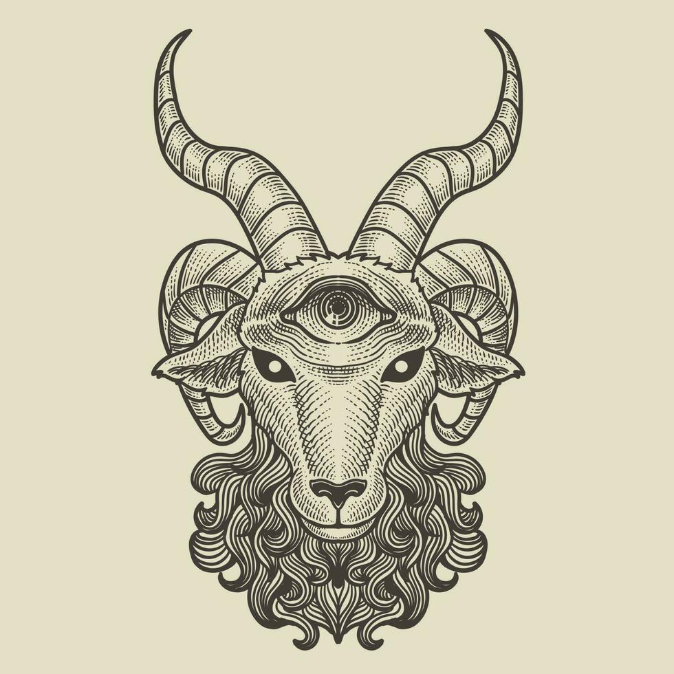illustration scary goat head engraving style on black background vector