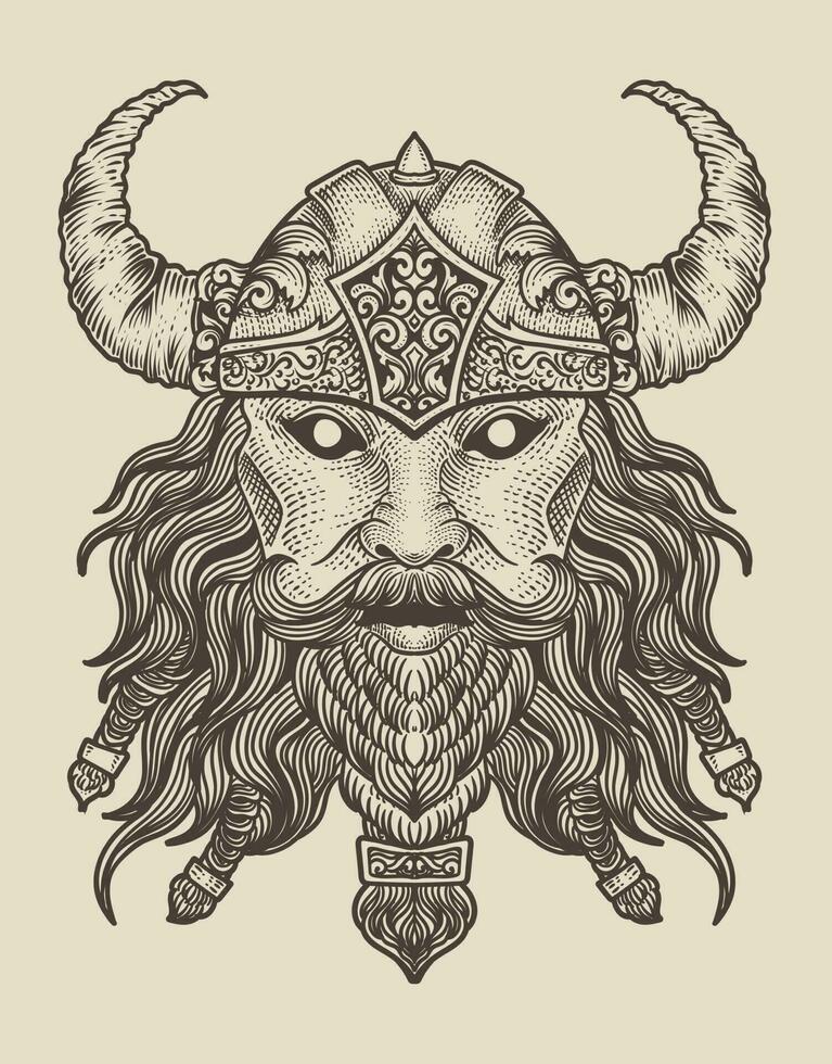 illustration viking head on black background vector