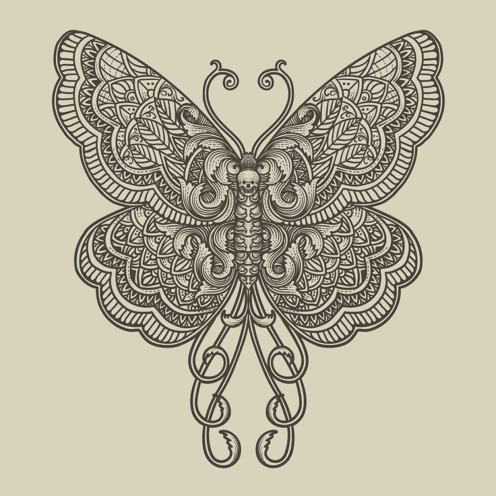 ilustración mariposa con mandala zentagle estilo vector