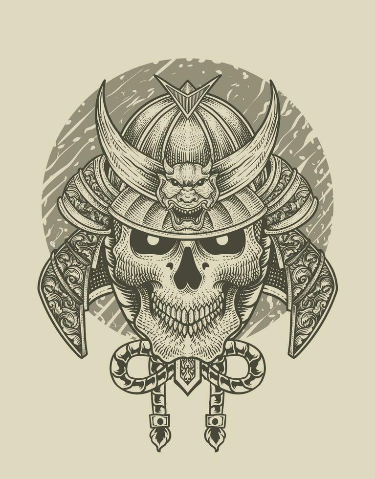 Ilustración cabeza de cráneo samurai sobre fondo negro vector