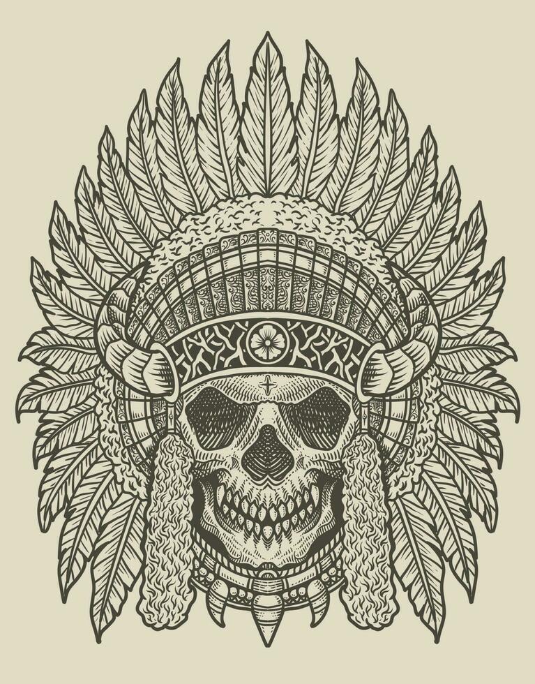 illustration indian apache skull vintage engraving style vector