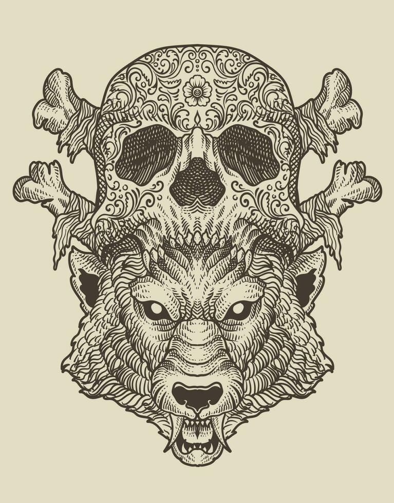 illustration tribal wolf with skull hat on black background vector
