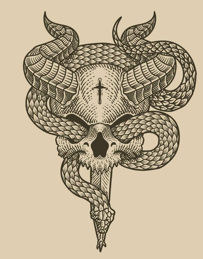 illustration demonic skull with snake on black background vector