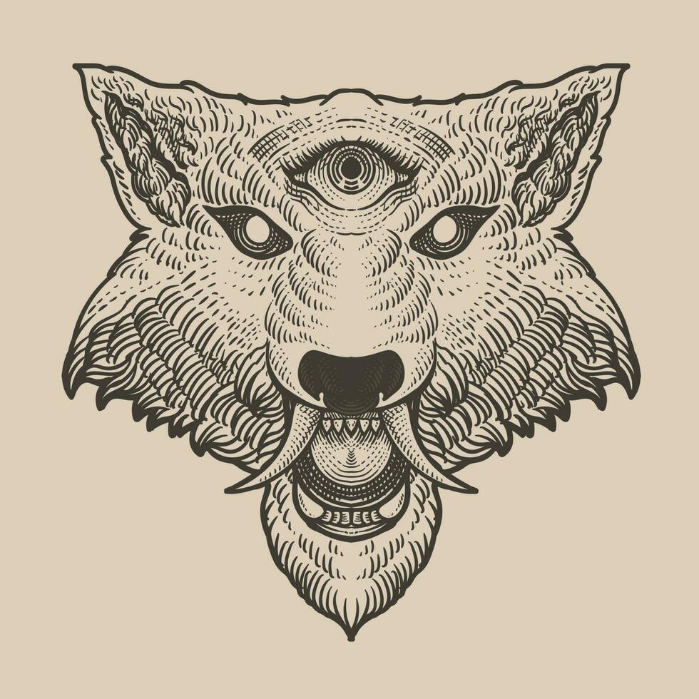 illustration wolf head three eyes on black background vector