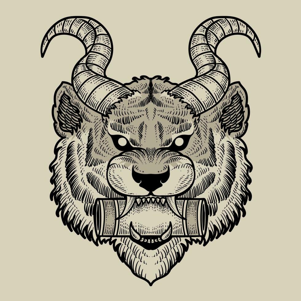 ilustración demoníaco Tigre cabeza en negro antecedentes vector