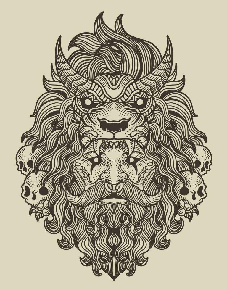 illustration tribal man with lion hat on black background vector