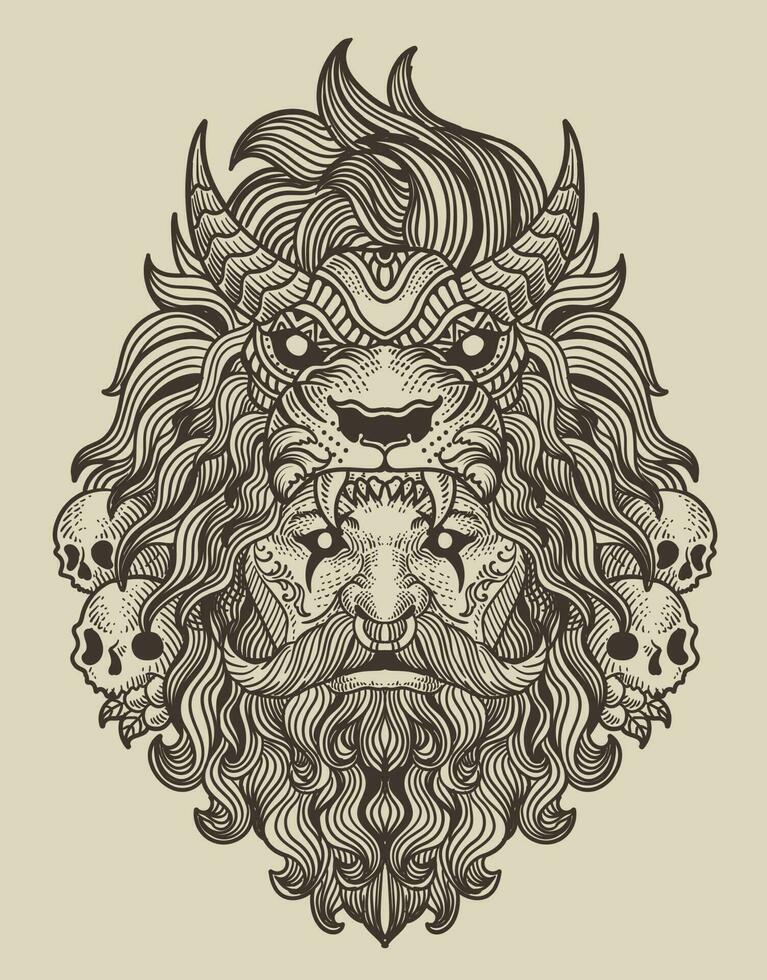 ilustración tribal hombre con león sombrero en negro antecedentes vector