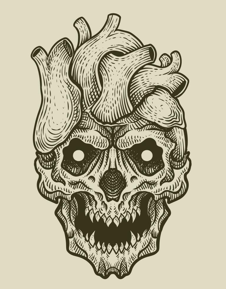 illustration heart skull with vintage engraving style on black background vector