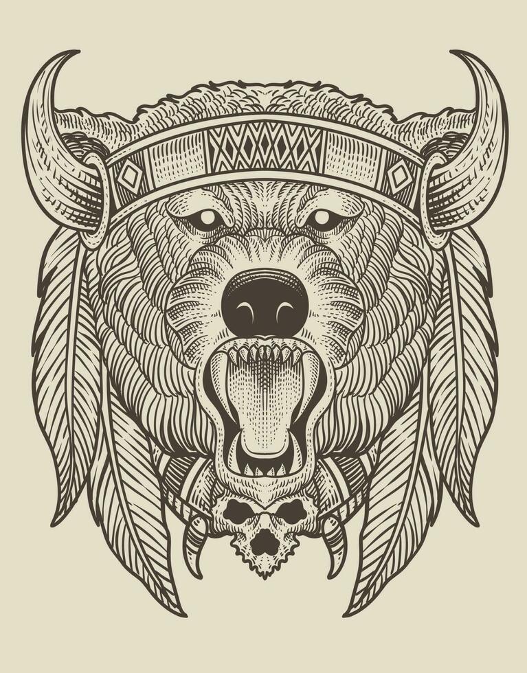 illustration tribal bear head with engraving style on black background vector