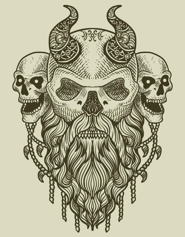 illustration scary viking skull head vintage engraving style vector
