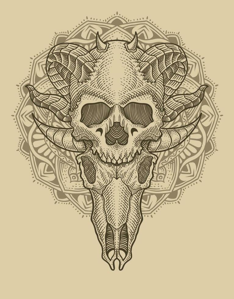 illustration demonic skull with circle mandala on the background vector