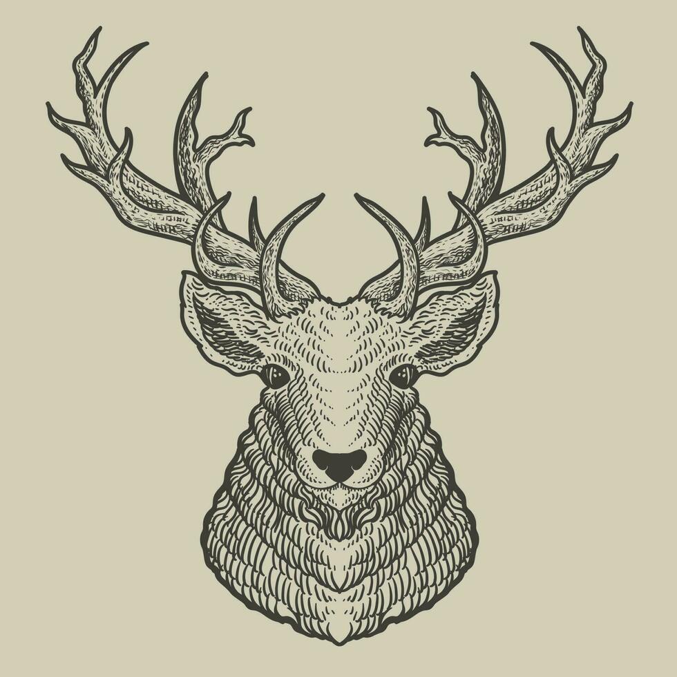 illustration deer head engraving style on black background vector