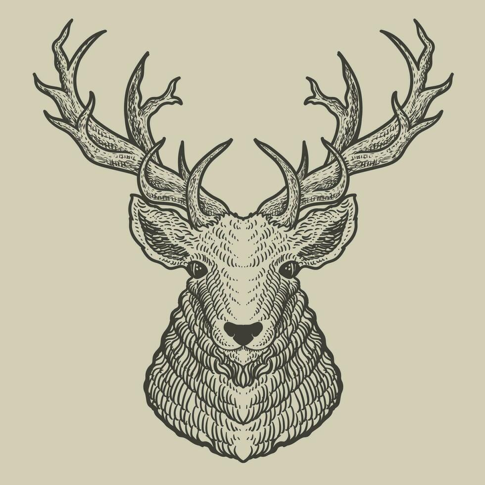 illustration deer head engraving style on black background vector