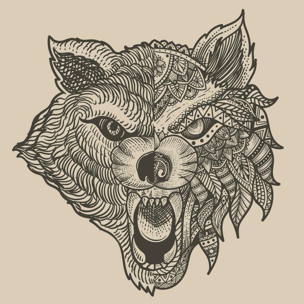 ilustración rugido lobo cabeza tribal estilo vector