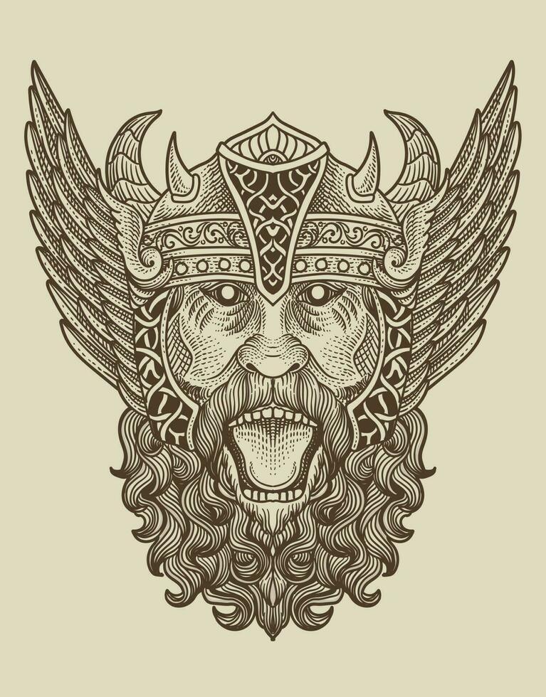 illustration viking head engraving style on black background vector