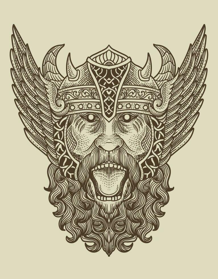 illustration viking head engraving style on black background vector