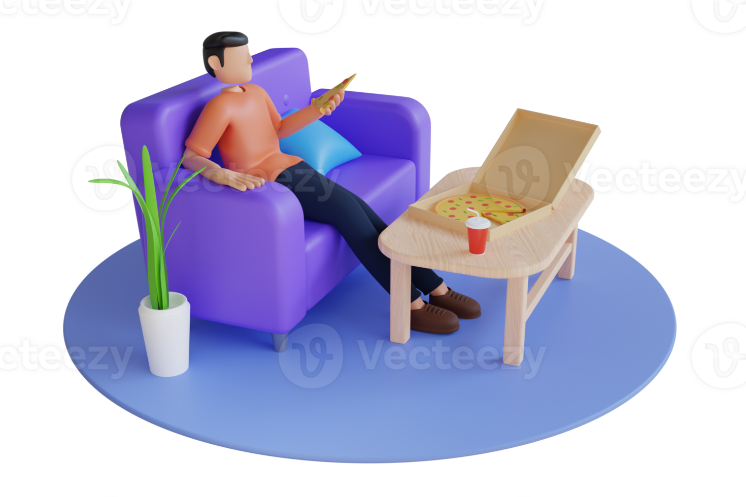 3D Illustration of man is eating pizza from a takeaway at home. man eating pizza. 3D Illustration png