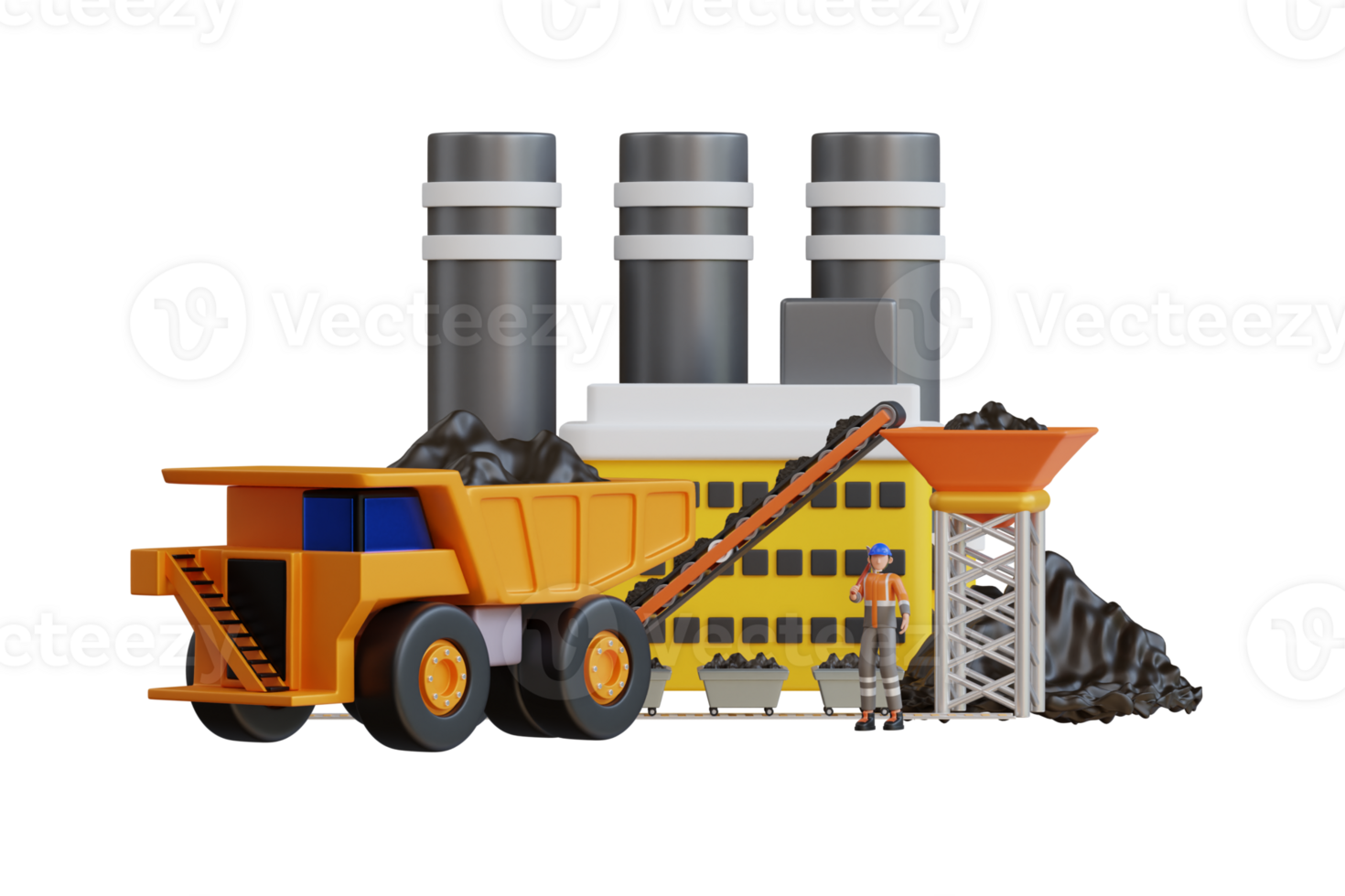 Coal mining industry conveyor and transportation. Dump trucks transporting coal to mining and processing plant. 3D Illustration png