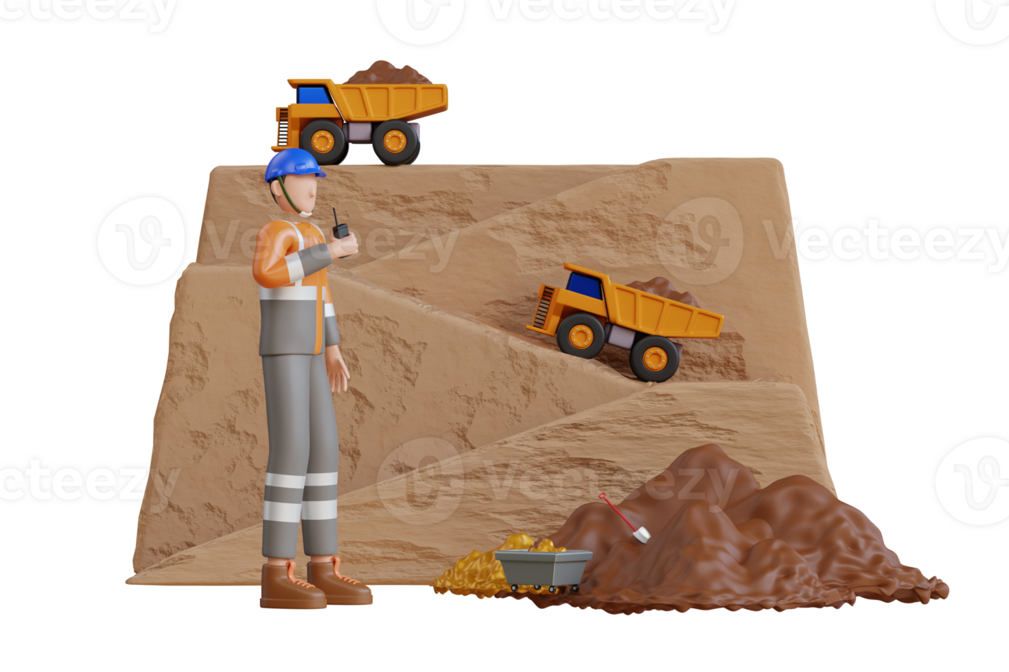 An engineer using radio to control professional equipment. working on gold mine extraction industry. controlling dumper trucks. 3D Illustration png
