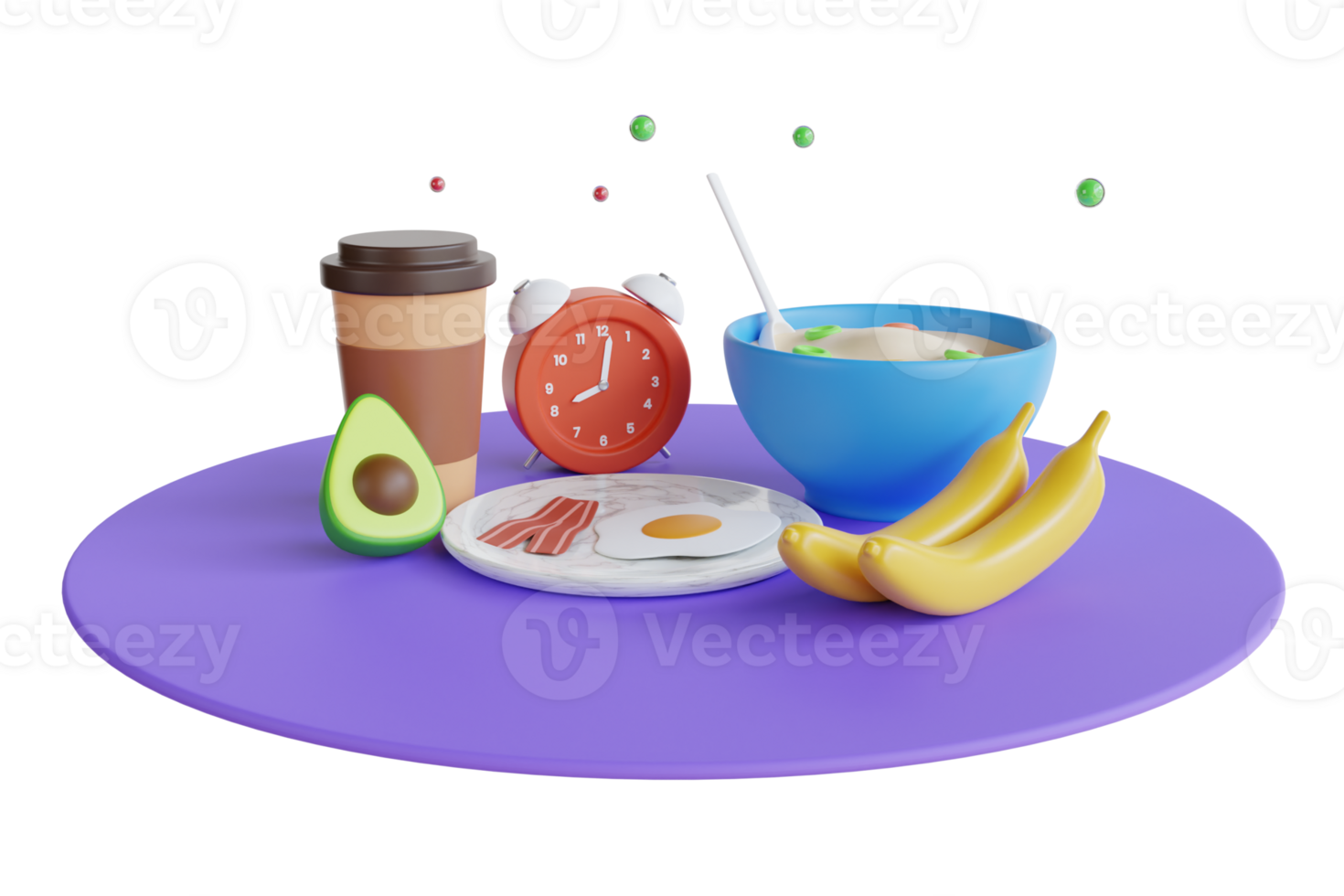 3D Illustration of breakfast at home with cereals, milk and fresh fruit. Set of breakfast on the table . 3D Illustration png