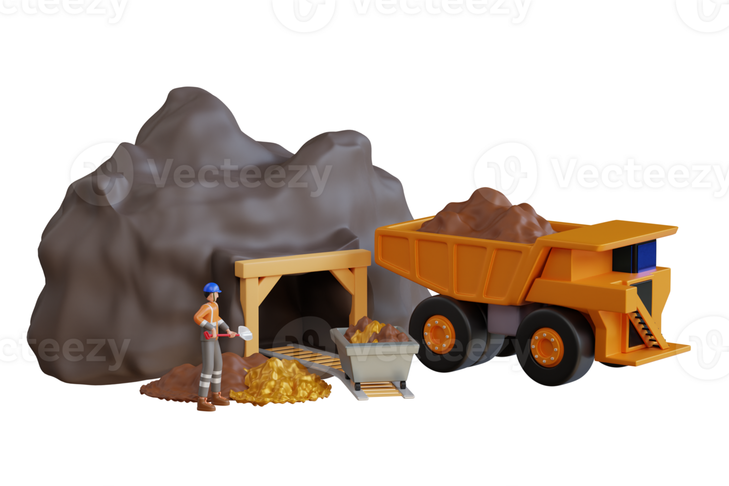gold mining concept. Mining truck positions itself at the entrance of the cave, steadily loading the valuable gold stones. 3D Illustration png