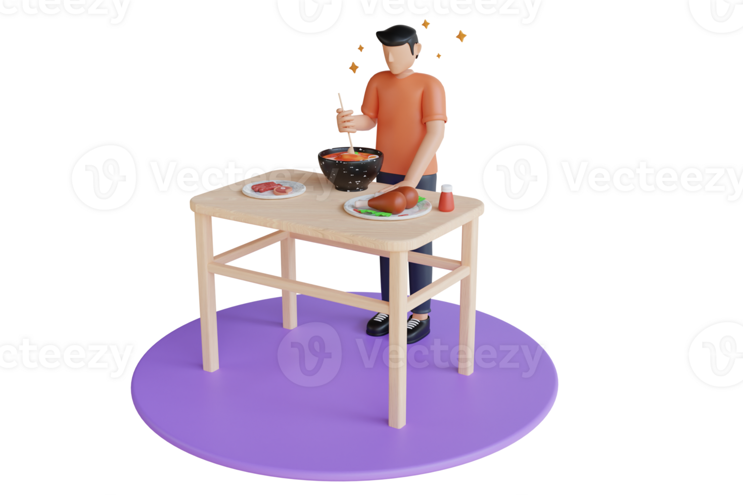 3d ilustración de hombre ajuste el mesa con delicioso comidas durante el día a hogar. chico preparando cena o almuerzo con especias y hierbas png