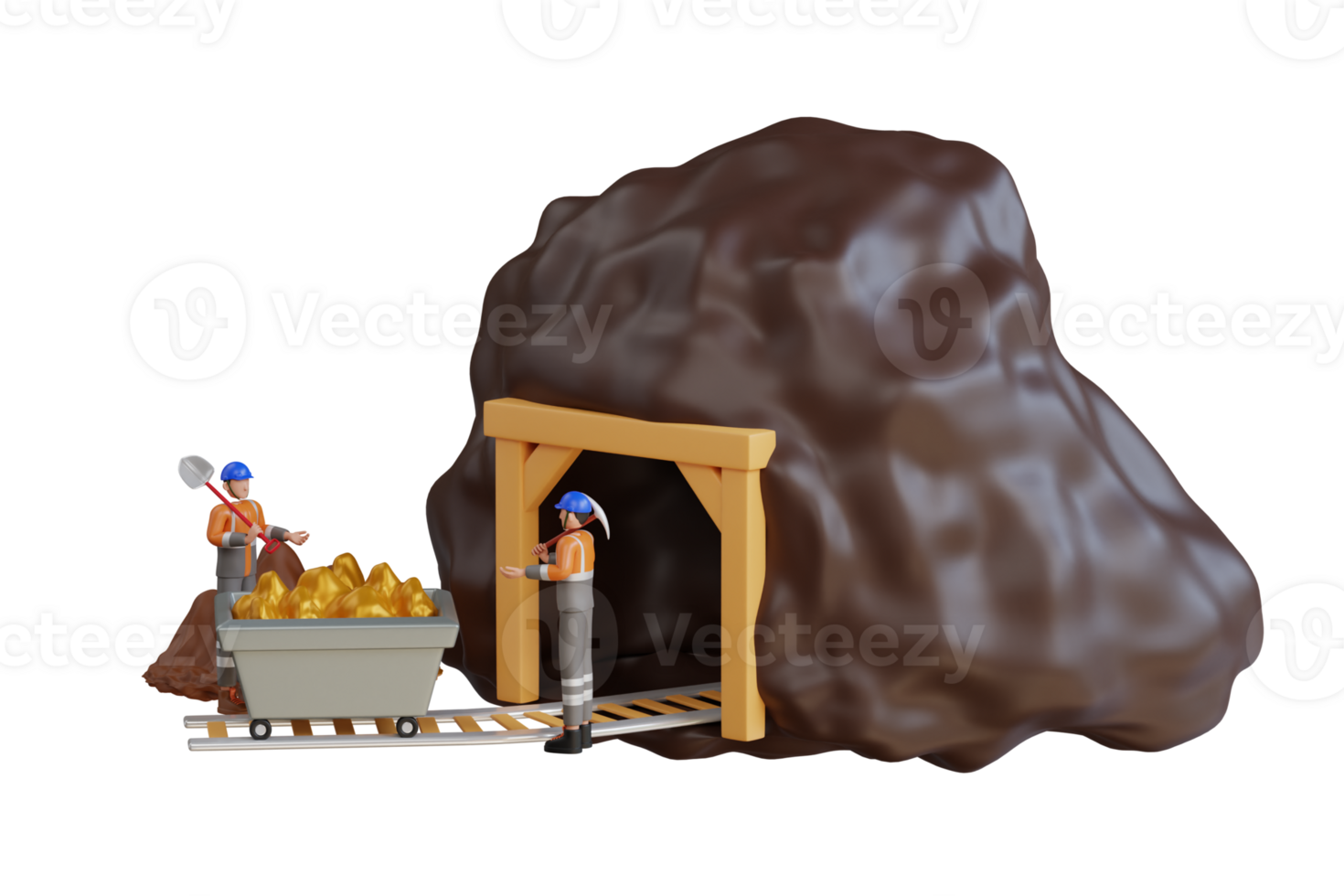 gold mine entrance and mine trolley loaded with gold. 3D Illustration of Entrance to gold mine png