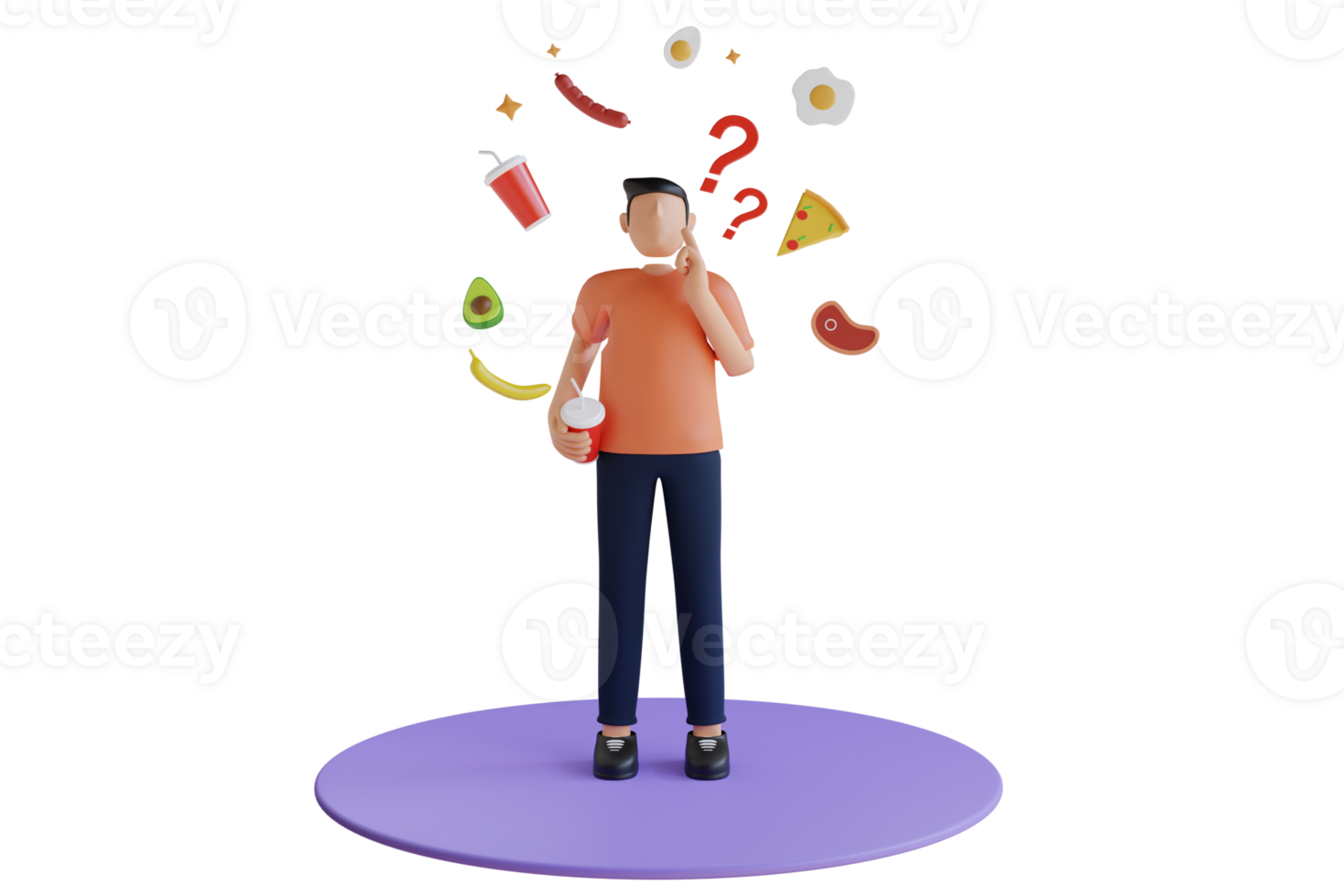 3d ilustração do homem é escolhendo uma saudável estilo de vida sobre lixo Comida. ele é confuso e inseguro sobre se para bastão para uma saudável dieta ou saciar dentro a pouco saudável opções. png