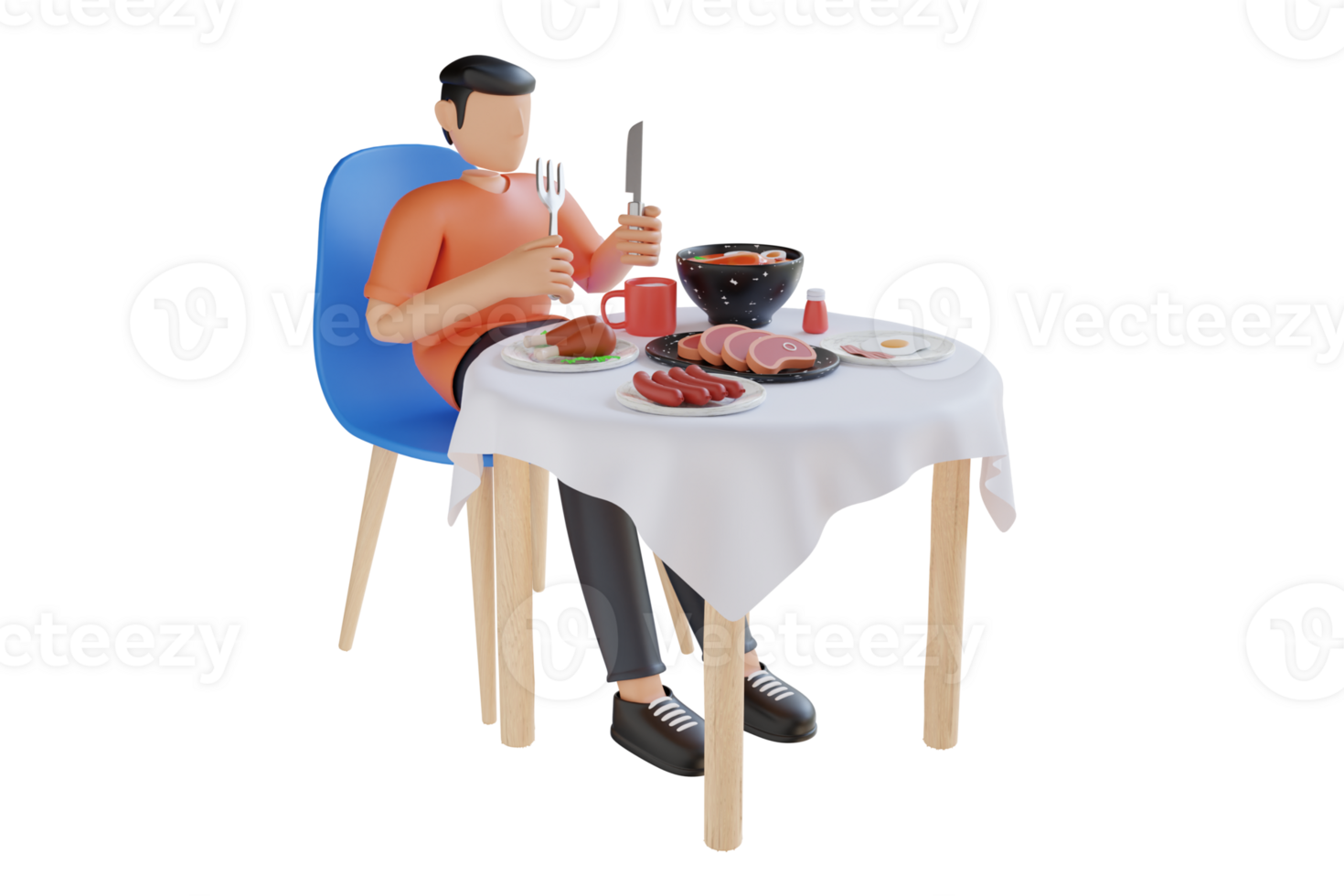 3D Illustration of man is having lunch with chopsticks, grilled chicken, soup, eggs, and sausages. have lunch 3D Illustration png