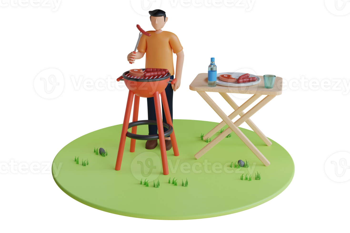 3d illustrazione di uomo avendo un' barbecue nel natura. uomo godendo un' barbecue nel il mezzo di natura, circondato di lussureggiante verdura e un' chiaro blu cielo png