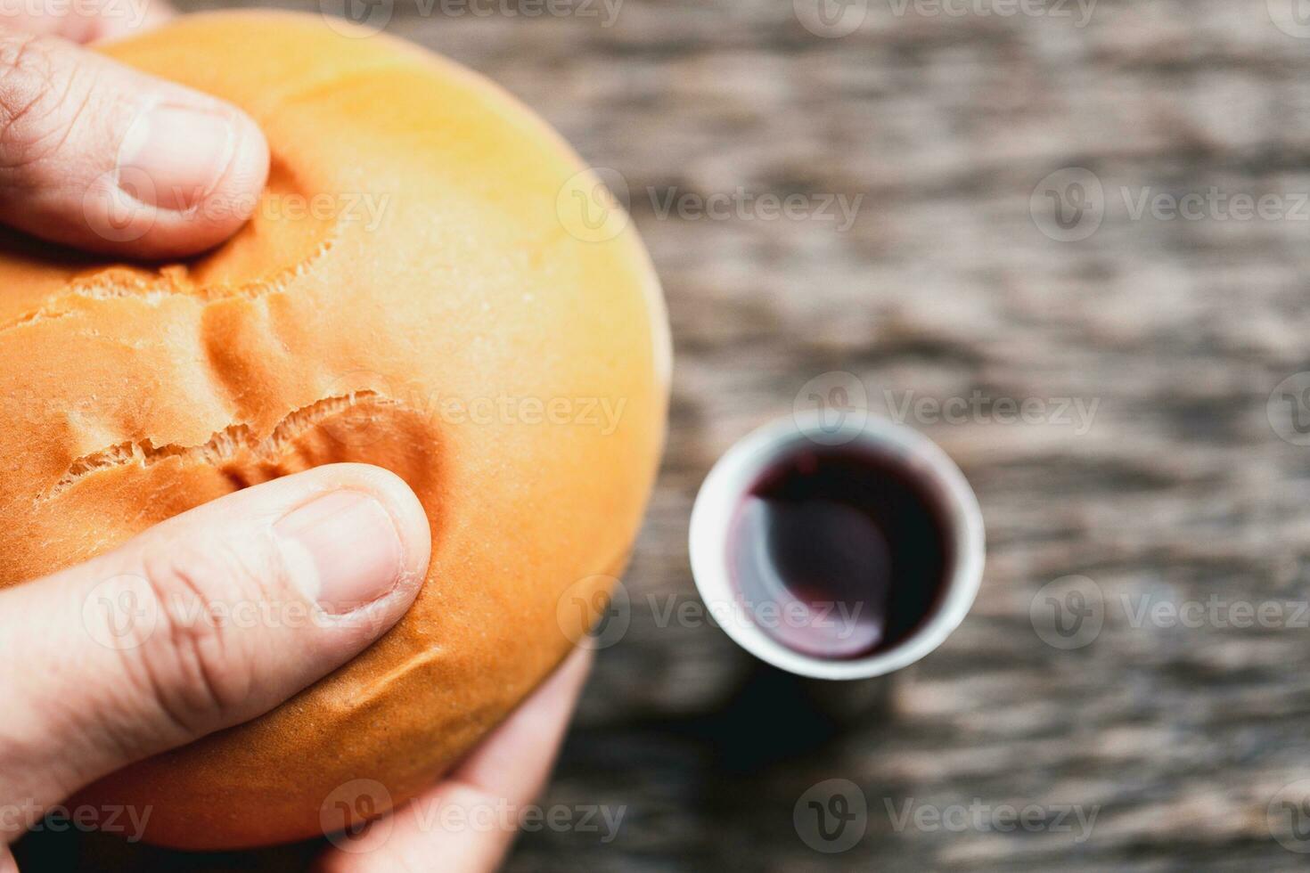 Concept of Eucharist or holy communion of Christianity. Eucharist is sacrament instituted by Jesus. during last supper with disciples. Bread and wine is body and blood of Jesus Christ of Christians. photo