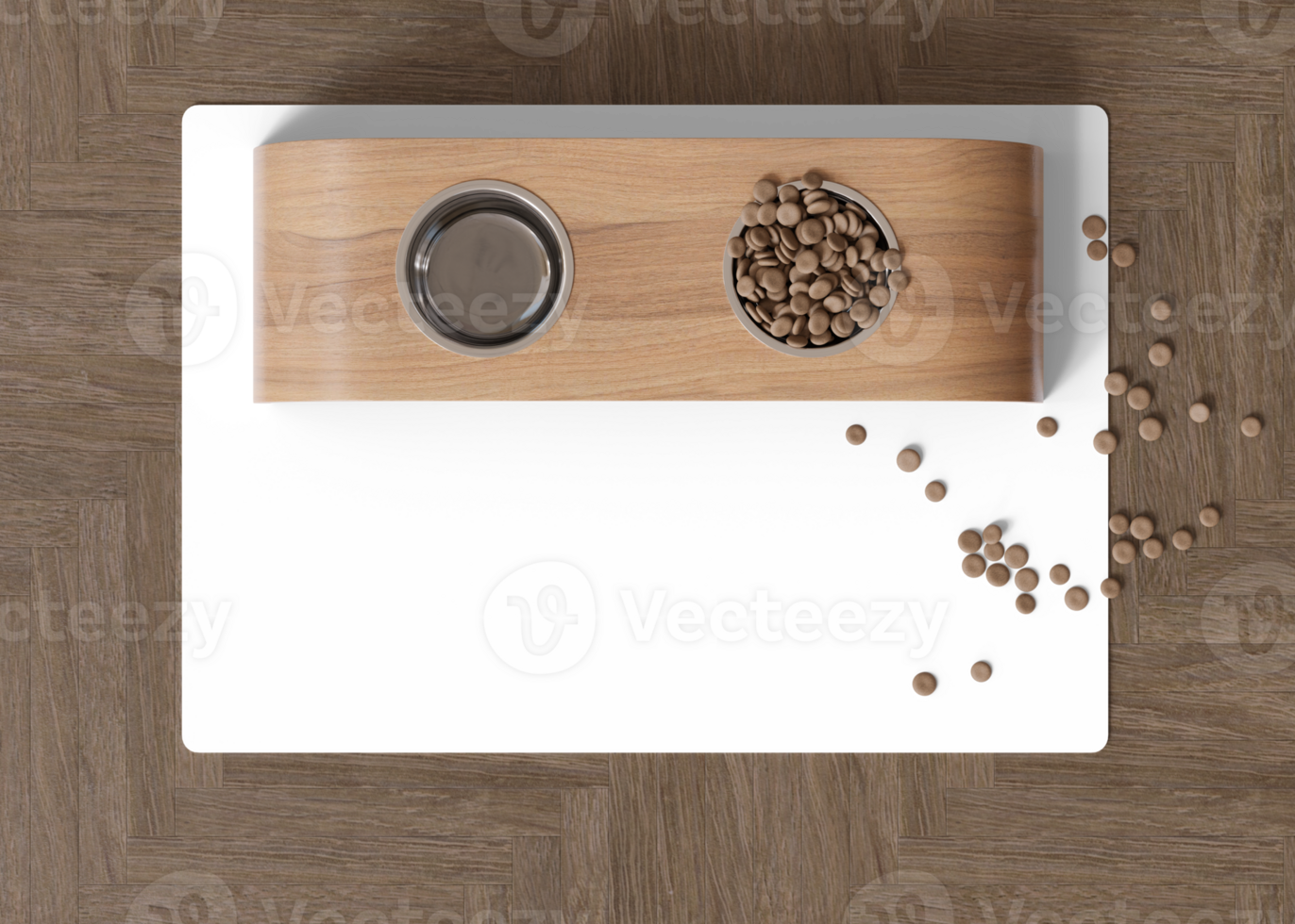Pet bowl mat on the floor at home. Transparent PNG. Cat or dog food pad with copy space for picture or text. Water mat mock up. Pet placemat mockup. Puppy feeding place. 3D Rendering. png