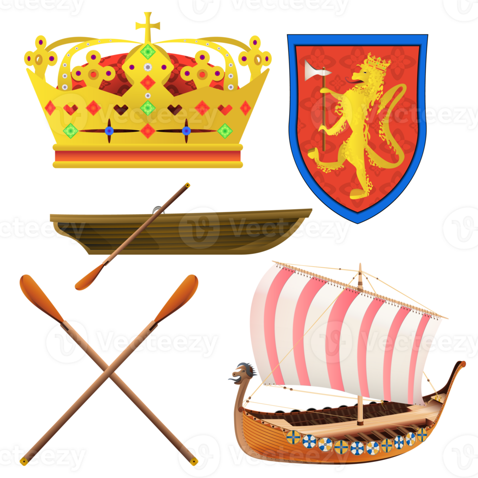 Vikings realisitc style SET. Crown, Axe, Ship, Lion boat. Colorful PNG illustration.