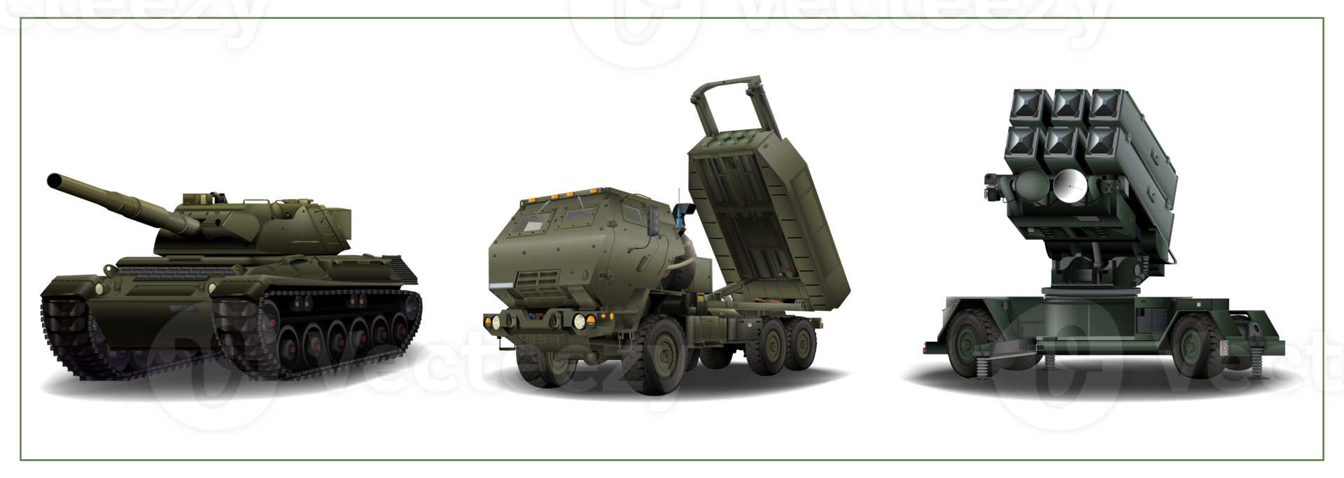 Military vehicles SET. HIMARS, Main battle tank, Air defense system in realistic style. Detailed PNG colorful illustration.