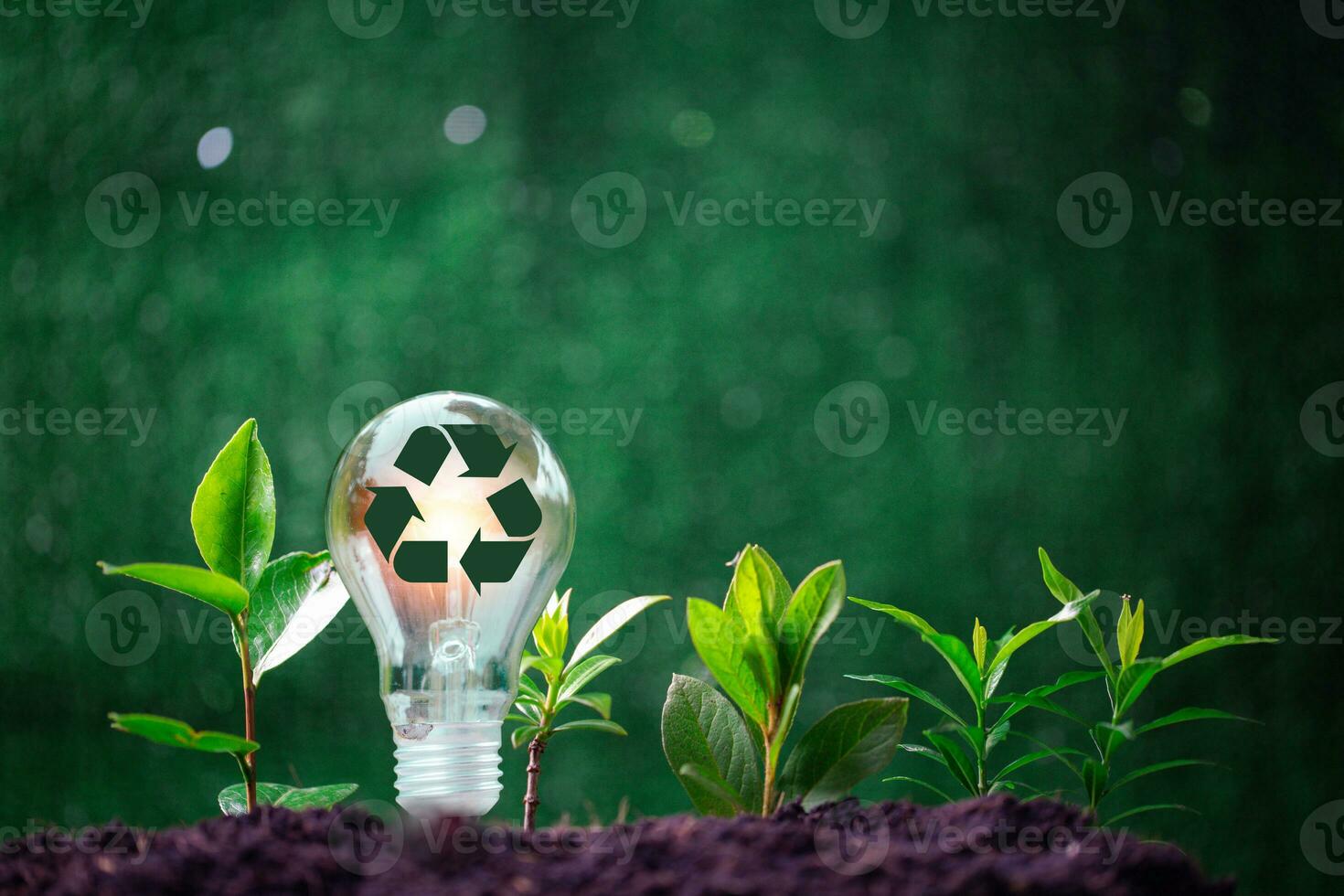 Concept of renewable energy innovation and green earth. Sustainable clean energy sources. Environmental protection, Idea sustainable energy sources. Light bulb put on soil on green nature background. photo