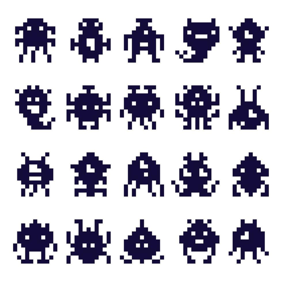 Pixel art invaders silhouette. Space invader monster game, pixels robots and retro arcade games isolated vector icons set