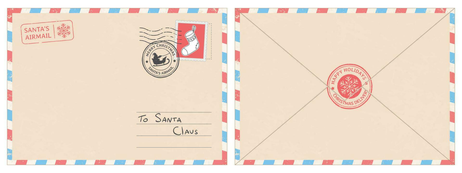 querido Papa Noel claus correo sobre. Navidad sorpresa carta, niño tarjeta postal con norte polo matasellos caché vector ilustración