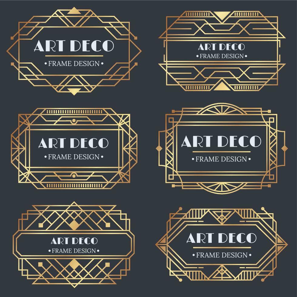 Arte deco marco. antiguo dorado etiqueta, lujo oro negocio tarjeta letra título y Clásico adornos marcos diseño vector elementos