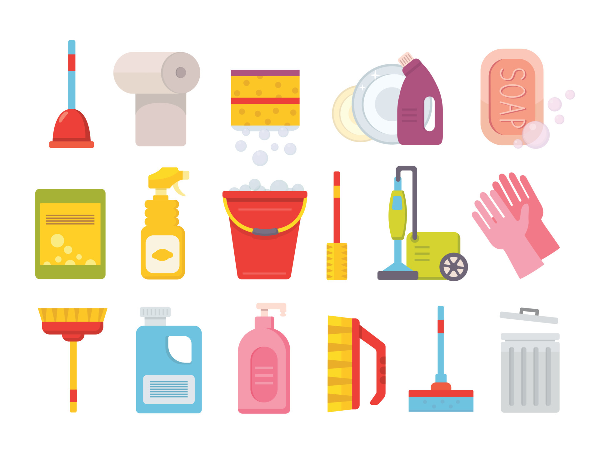 Cleaning supplies. Home clean tools. Brush, bucket window wipes and chemicals tool vector