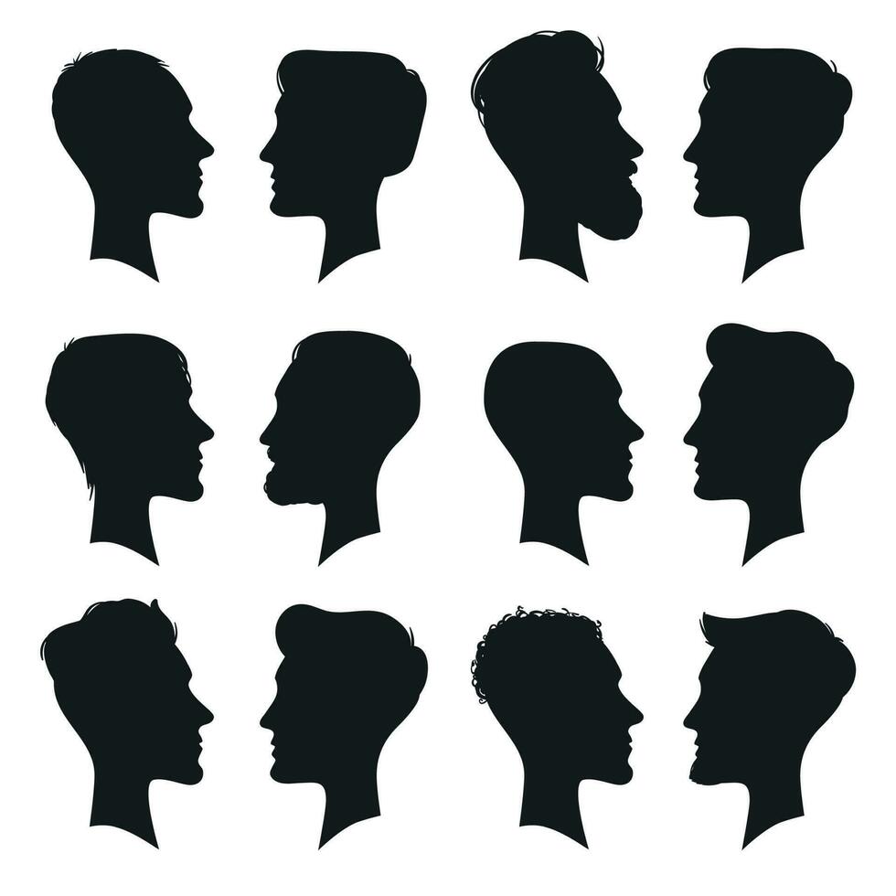adulto masculino cabeza perfil silueta. hombre icono. Moda personas Corte de pelo o sin pelo hombres cabezas siluetas aislado vector ilustración