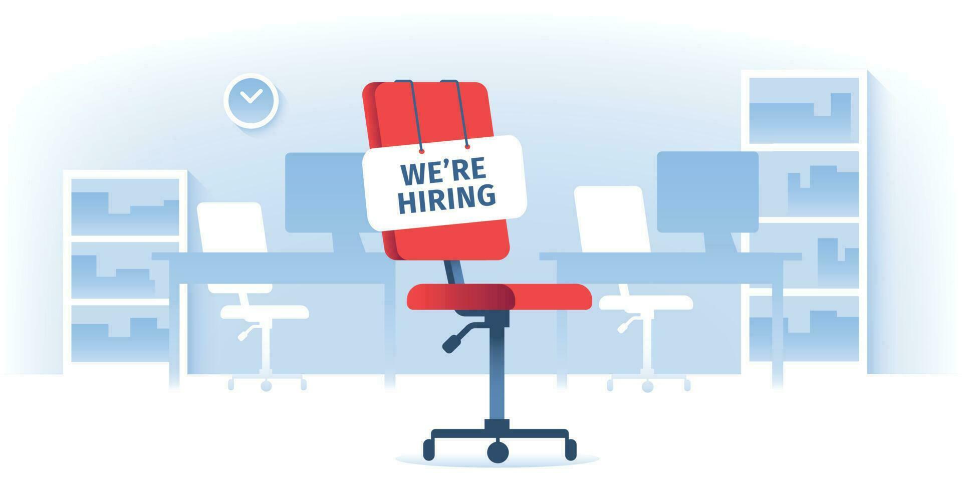 Job vacancy. We are hiring sign at vacant working chair in empty office. Workers recruiting isolated vector illustration