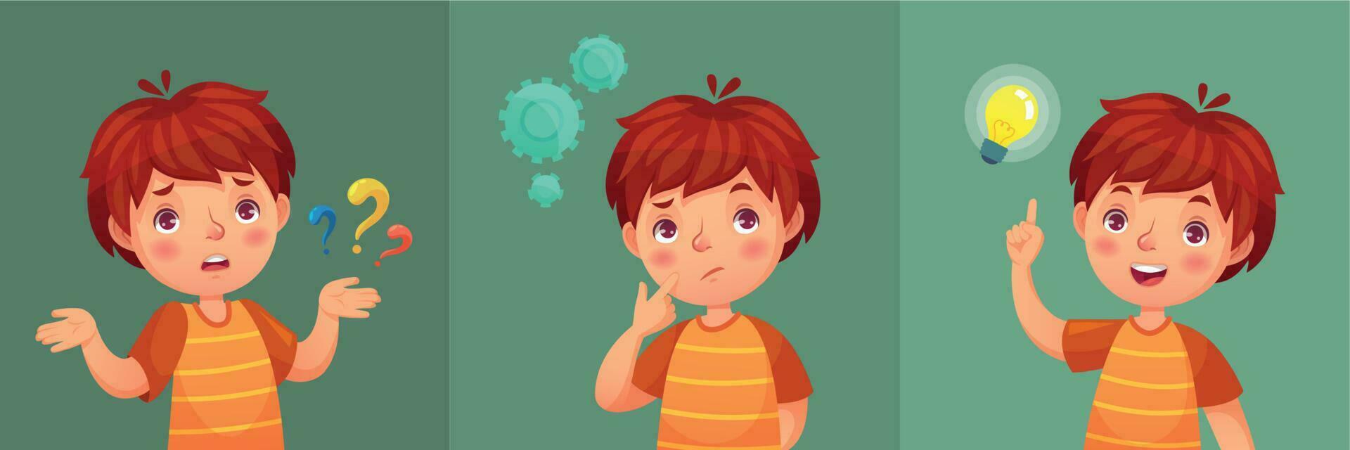 Child question. Thoughtful young boy ask question, confused kid and understand or found answer cartoon vector portrait illustration