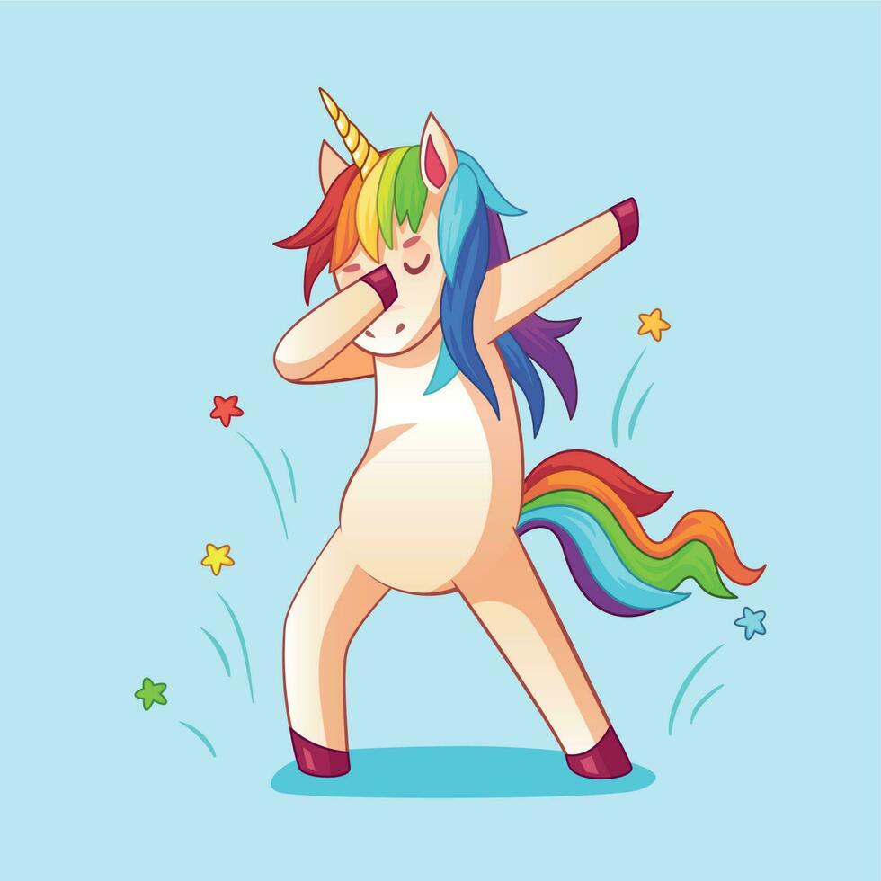 Dabbing unicorn. Dab dancing meme pose, dreamy horse in cool glasses. Memes dance cartoon vector illustration