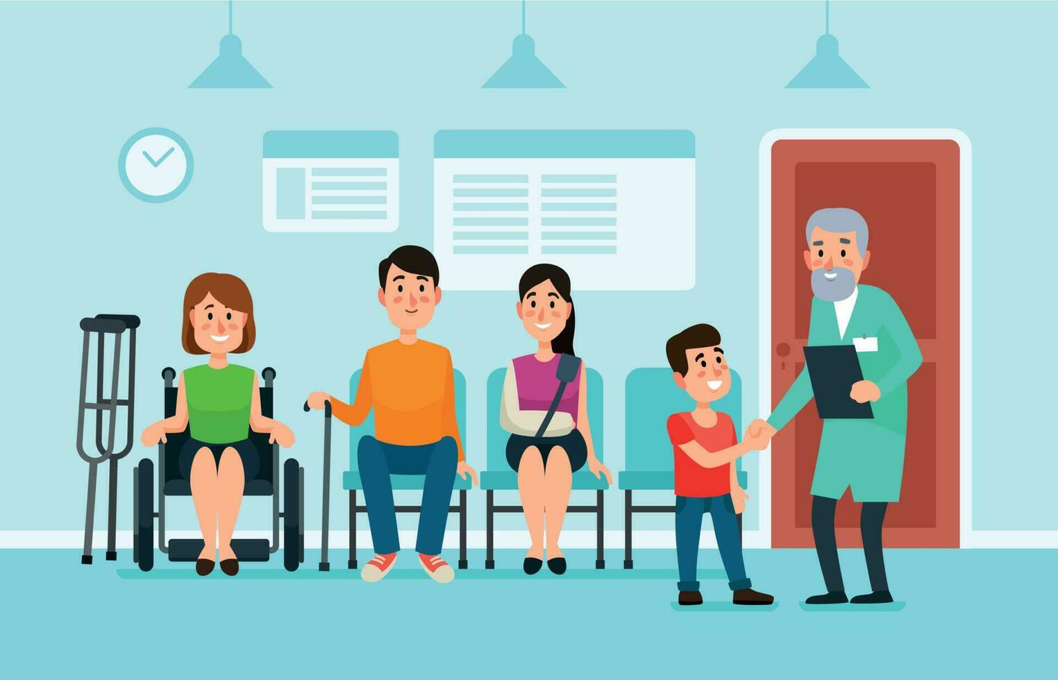 Doctor waiting room. Patients wait doctors and medical help on chairs in hospital. Patient at busy clinic hall vector illustration